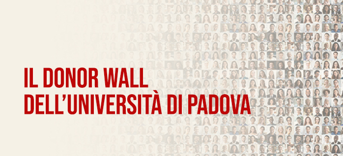 Scritta Il Donor wall dell'Università di Padova e visi di persone