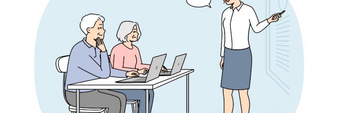 giovane insegnante spiega a persone più anziane di lei