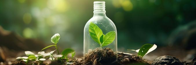 bottiglia di plastica con foglia verde aal suo interno