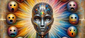 Testa umana robot con emoticon a raggera