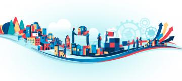 horizontal city skyline on a wave